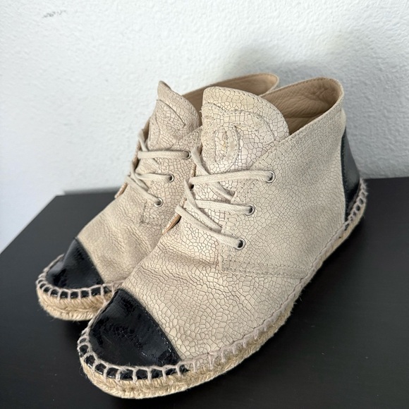 Chanel Two Tone Crackle Leather CC Logo Espadrille Lace Up High Top Sneakers